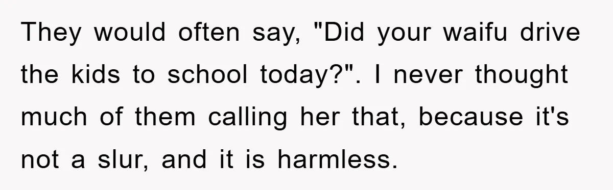 They would often say, "Did your waifu drive the kids to school today?". I never thought much of them calling her that, because it's not a slur, and it is...