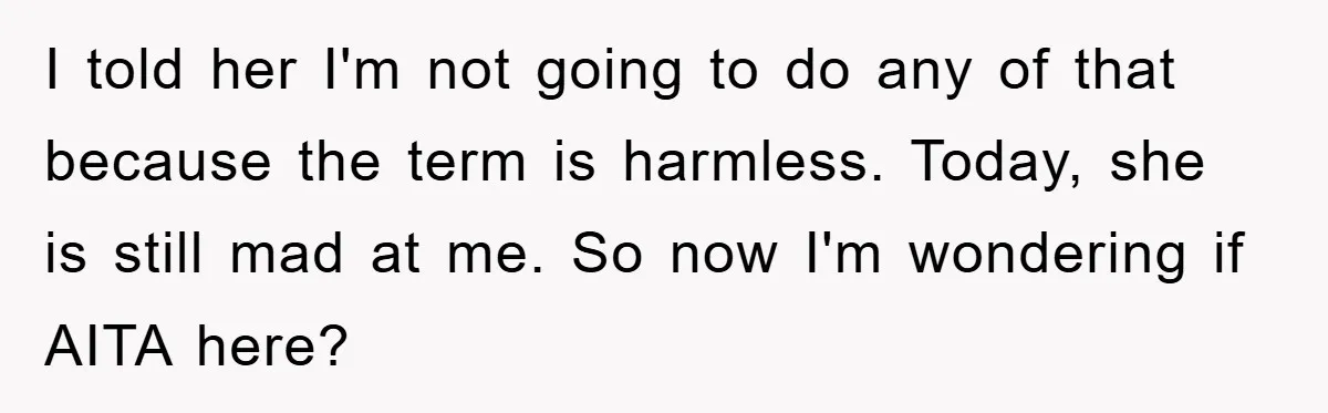 I told her I'm not going to do any of that because the term is harmless. Today, she is still mad at me. So now I'm wondering if AITA here?