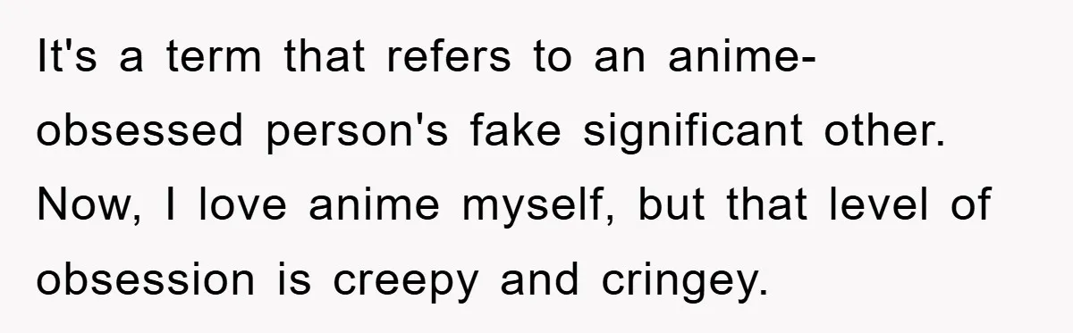 It's a term that refers to an anime-obsessed person's fake significant other. Now, I love anime myself, but that level of obsession is creepy and cringey.