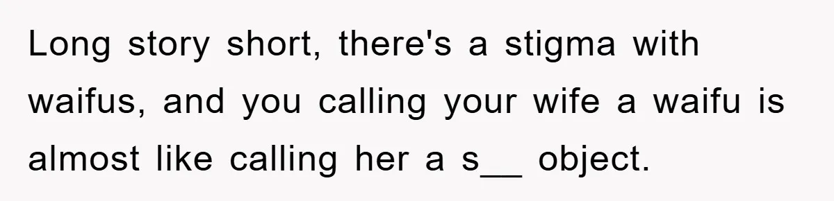 Long story short, there's a stigma with waifus, and you calling your wife a waifu is almost like calling her a s__ object.