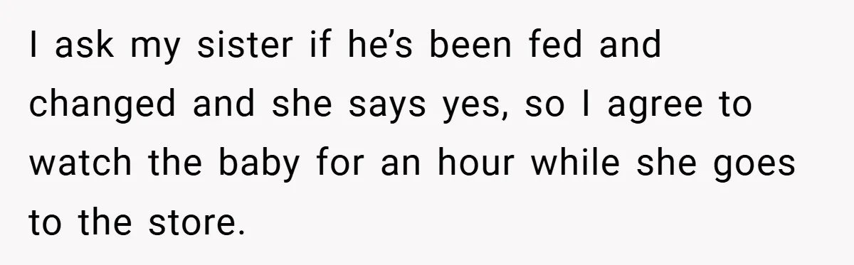 I ask my sister if he’s been fed and changed and she says yes, so I agree to watch the baby for an hour while she goes to the store.