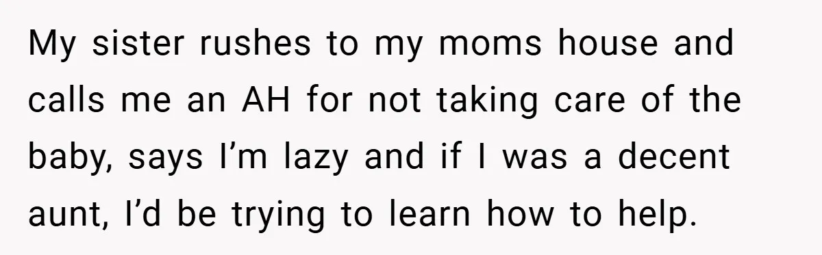 My sister rushes to my moms house and calls me an AH for not taking care of the baby, says I’m lazy and if I was a decent aunt, I’d...
