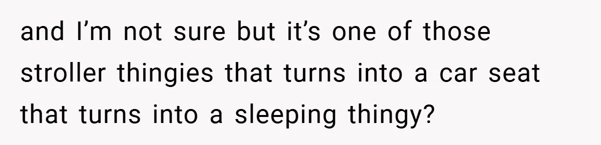 and I’m not sure but it’s one of those stroller thingies that turns into a car seat that turns into a sleeping thingy?