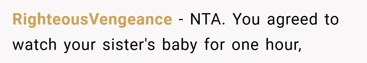 RighteousVengeance − NTA. You agreed to watch your sister's baby for one hour,