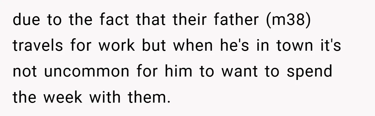 due to the fact that their father (m38) travels for work but when he's in town it's not uncommon for him to want to spend the week with them.