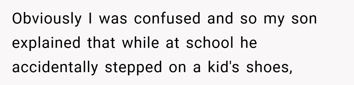 Obviously I was confused and so my son explained that while at school he accidentally stepped on a kid's shoes,