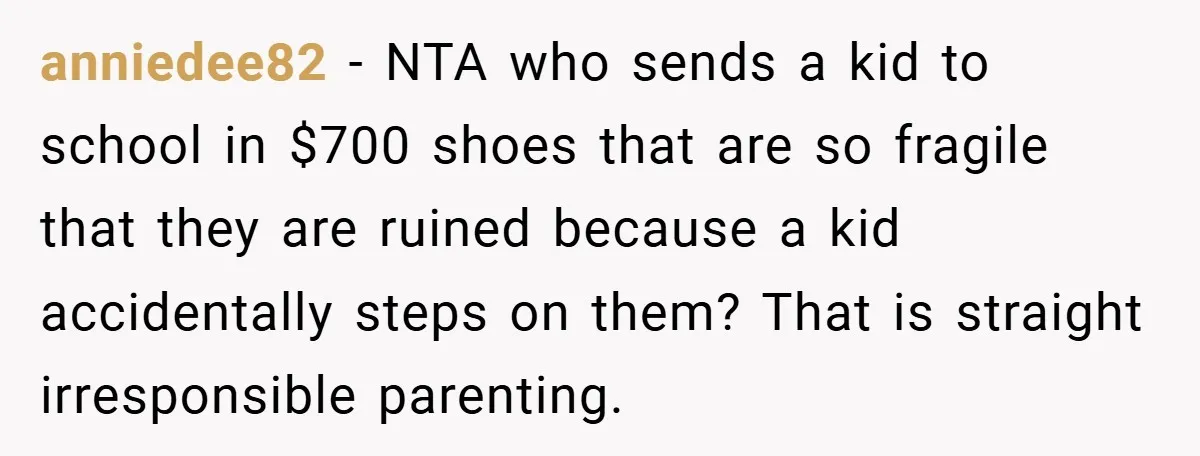 anniedee82 − NTA who sends a kid to school in $700 shoes that are so fragile that they are ruined because a kid accidentally steps on them? That is straight...