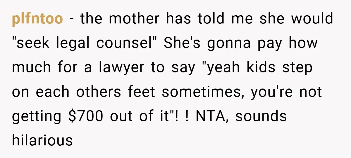 plfntoo − the mother has told me she would "seek legal counsel" She's gonna pay how much for a lawyer to say "yeah kids step on each others feet sometimes,...