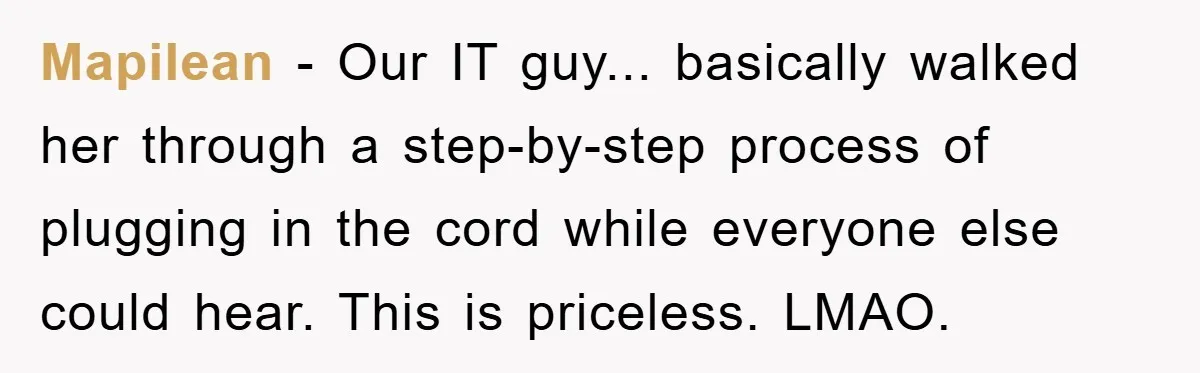 Mapilean − Our IT guy... basically walked her through a step-by-step process of plugging in the cord while everyone else could hear. This is priceless. LMAO.