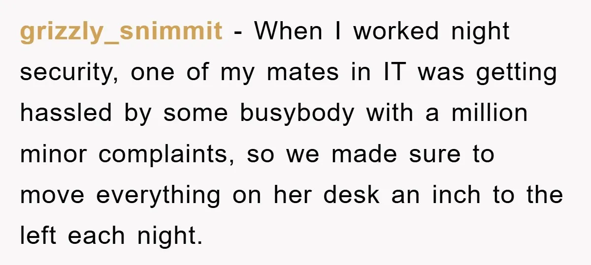 grizzly_snimmit − When I worked night security, one of my mates in IT was getting hassled by some busybody with a million minor complaints, so we made sure to move...