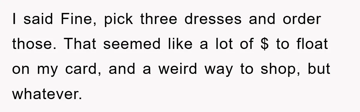 I said Fine, pick three dresses and order those. That seemed like a lot of $ to float on my card, and a weird way to shop, but whatever.