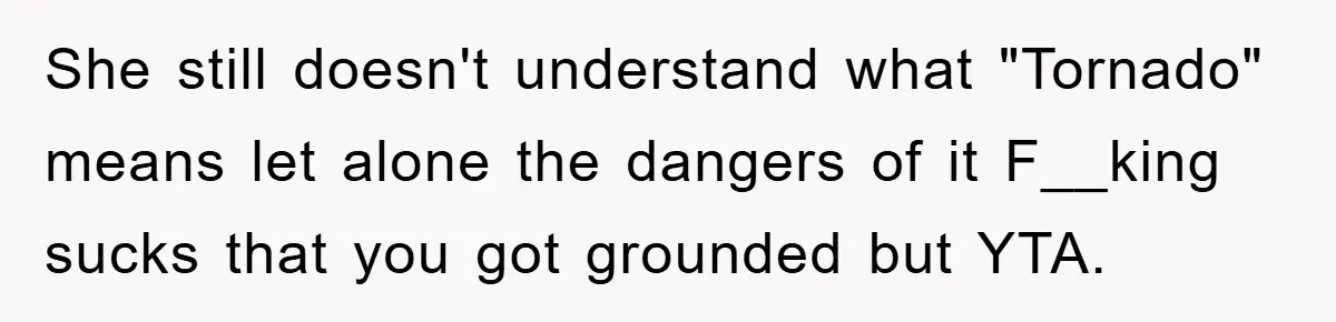 She still doesn't understand what "Tornado" means let alone the dangers of it F__king sucks that you got grounded but YTA.