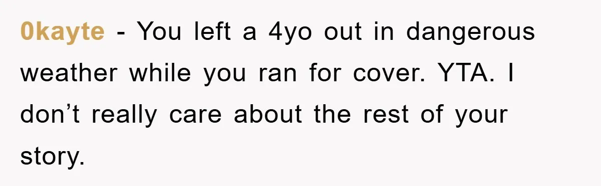 0kayte − You left a 4yo out in dangerous weather while you ran for cover. YTA. I don’t really care about the rest of your story.