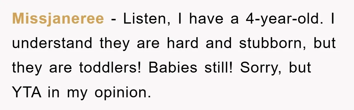Missjaneree − Listen, I have a 4-year-old. I understand they are hard and stubborn, but they are toddlers! Babies still! Sorry, but YTA in my opinion.