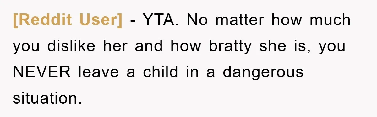 [Reddit User] − YTA. No matter how much you dislike her and how bratty she is, you NEVER leave a child in a dangerous situation.