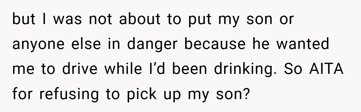 but I was not about to put my son or anyone else in danger because he wanted me to drive while I’d been drinking. So AITA for refusing to pick...