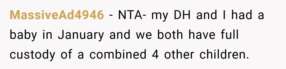 MassiveAd4946 − NTA- my DH and I had a baby in January and we both have full custody of a combined 4 other children.