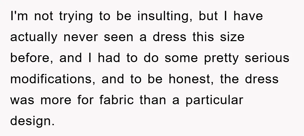 Woman’s DIY Gift Turns Into A Fashion Scandal After A Plus-Size Sister Finds The Original Tag I'm not trying to be insulting, but I have actually never seen a dress this size before, and I had to do some pretty serious modifications, and to be honest,...