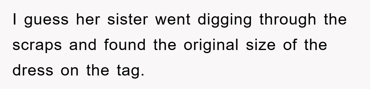Woman’s DIY Gift Turns Into A Fashion Scandal After A Plus-Size Sister Finds The Original Tag I guess her sister went digging through the scraps and found the original size of the dress on the tag.