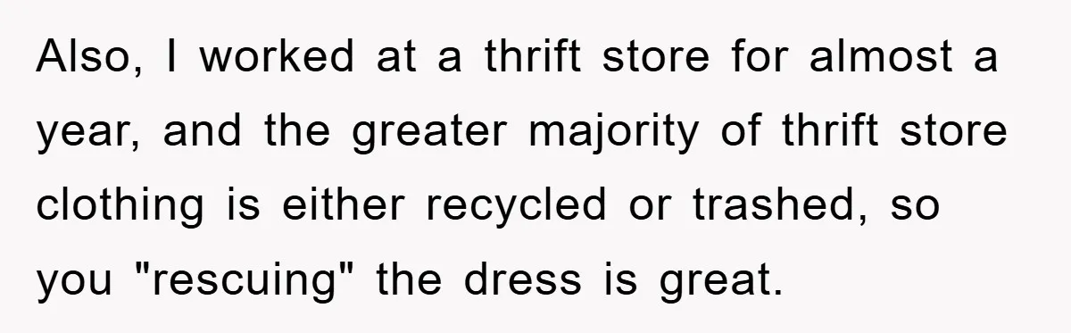 Woman’s DIY Gift Turns Into A Fashion Scandal After A Plus-Size Sister Finds The Original Tag Also, I worked at a thrift store for almost a year, and the greater majority of thrift store clothing is either recycled or trashed, so you "rescuing" the dress is...