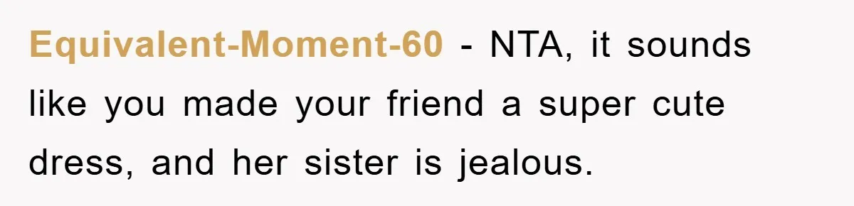 Woman’s DIY Gift Turns Into A Fashion Scandal After A Plus-Size Sister Finds The Original Tag Equivalent-Moment-60 − NTA, it sounds like you made your friend a super cute dress, and her sister is jealous.