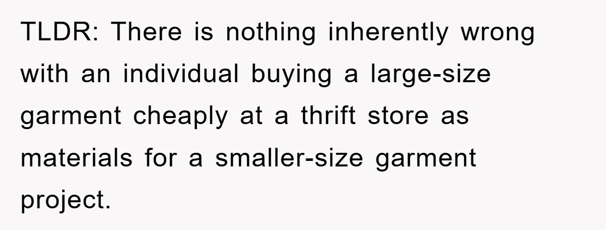 Woman’s DIY Gift Turns Into A Fashion Scandal After A Plus-Size Sister Finds The Original Tag TLDR: There is nothing inherently wrong with an individual buying a large-size garment cheaply at a thrift store as materials for a smaller-size garment project.