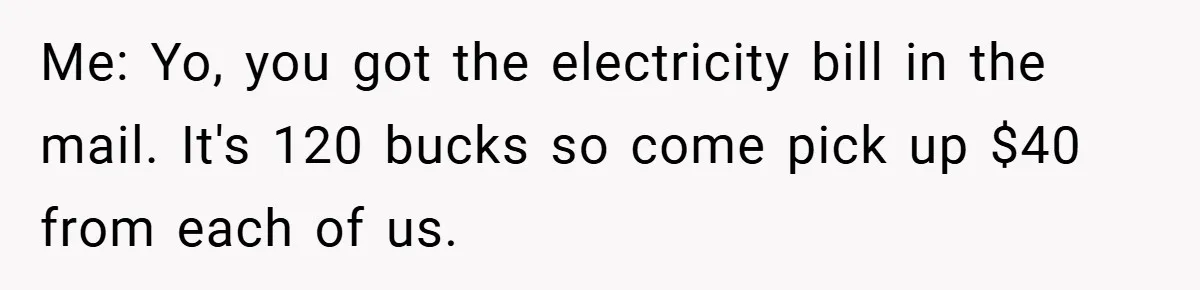 Me: Yo, you got the electricity bill in the mail. It's 120 bucks so come pick up $40 from each of us.