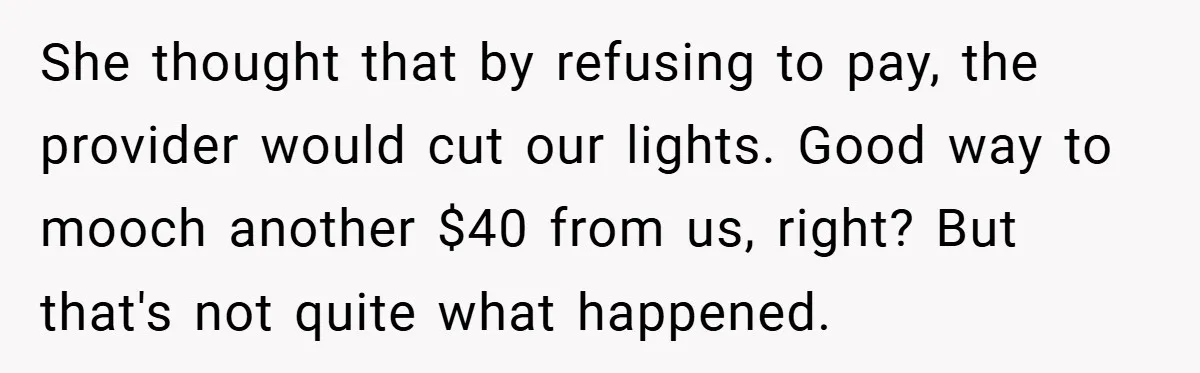 She thought that by refusing to pay, the provider would cut our lights. Good way to mooch another $40 from us, right? But that's not quite what happened.
