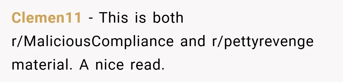 Clemen11 − This is both r/MaliciousCompliance and r/pettyrevenge material. A nice read.