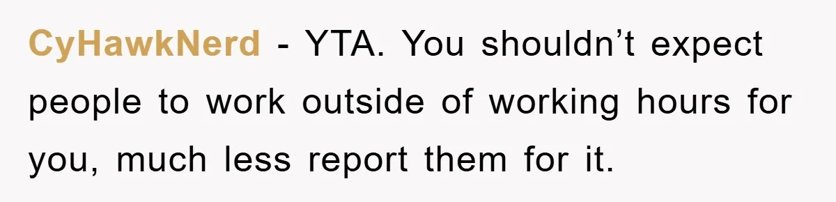CyHawkNerd − YTA. You shouldn’t expect people to work outside of working hours for you, much less report them for it.