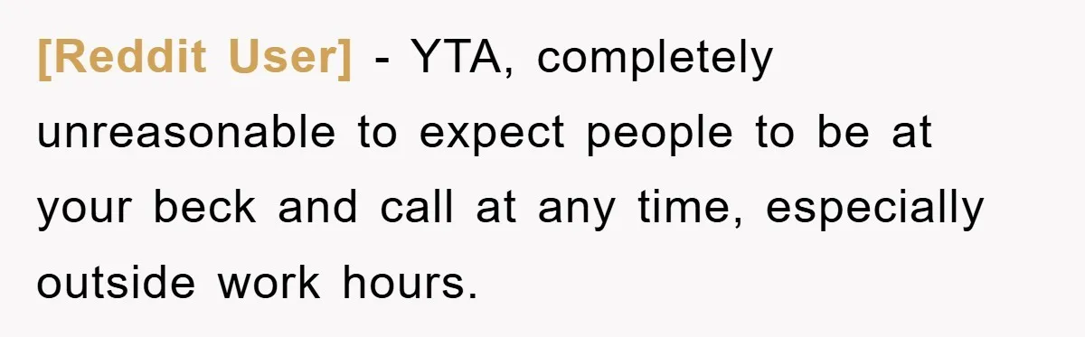 [Reddit User] − YTA, completely unreasonable to expect people to be at your beck and call at any time, especially outside work hours.