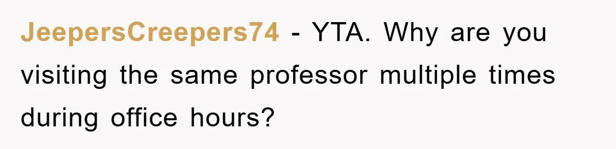 JeepersCreepers74 − YTA. Why are you visiting the same professor multiple times during office hours?