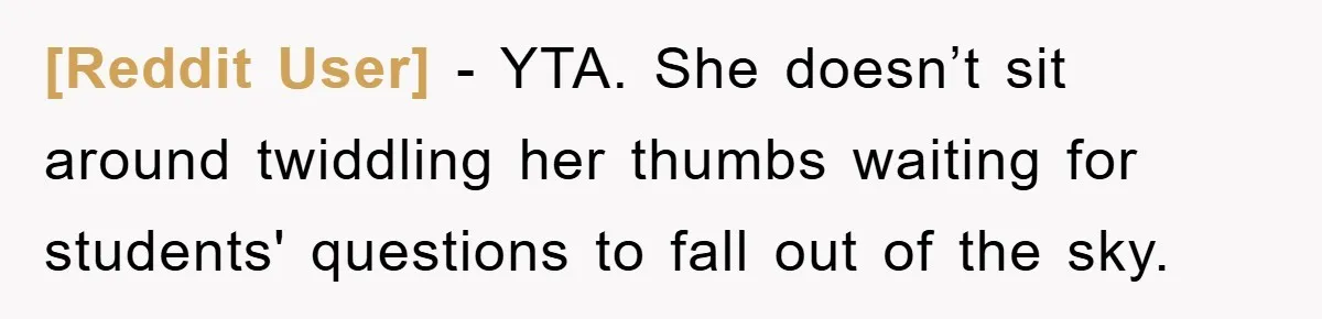 [Reddit User] − YTA. She doesn’t sit around twiddling her thumbs waiting for students' questions to fall out of the sky.