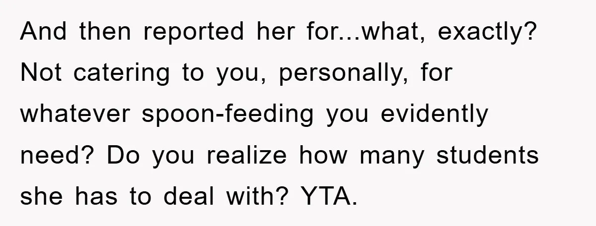 And then reported her for...what, exactly? Not catering to you, personally, for whatever spoon-feeding you evidently need? Do you realize how many students she has to deal with? YTA.