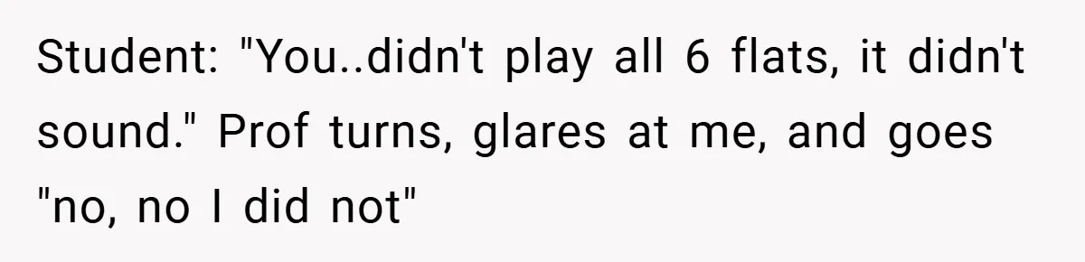 Student: "You..didn't play all 6 flats, it didn't sound." Prof turns, glares at me, and goes "no, no I did not"