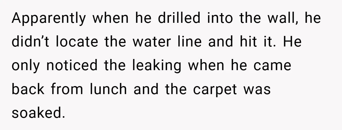 Man Cancels Family Vacation After Brother-in-Law Destroys His Home - Wife Says He’s ‘Punishing the Kids Apparently when he drilled into the wall, he didn’t locate the water line and hit it. He only noticed the leaking when he came back from lunch and the carpet...