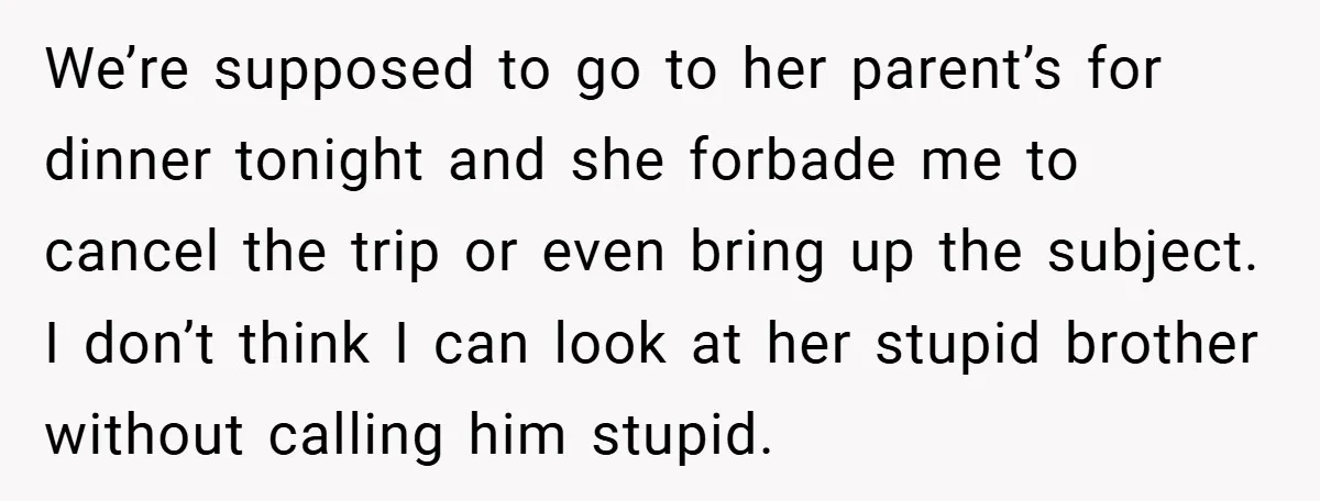 Man Cancels Family Vacation After Brother-in-Law Destroys His Home - Wife Says He’s ‘Punishing the Kids We’re supposed to go to her parent’s for dinner tonight and she forbade me to cancel the trip or even bring up the subject. I don’t think I can look...