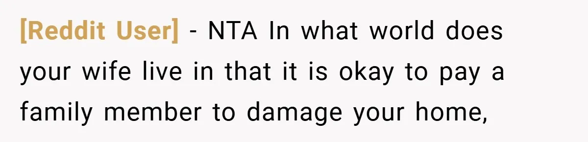 [Reddit User] − NTA In what world does your wife live in that it is okay to pay a family member to damage your home,