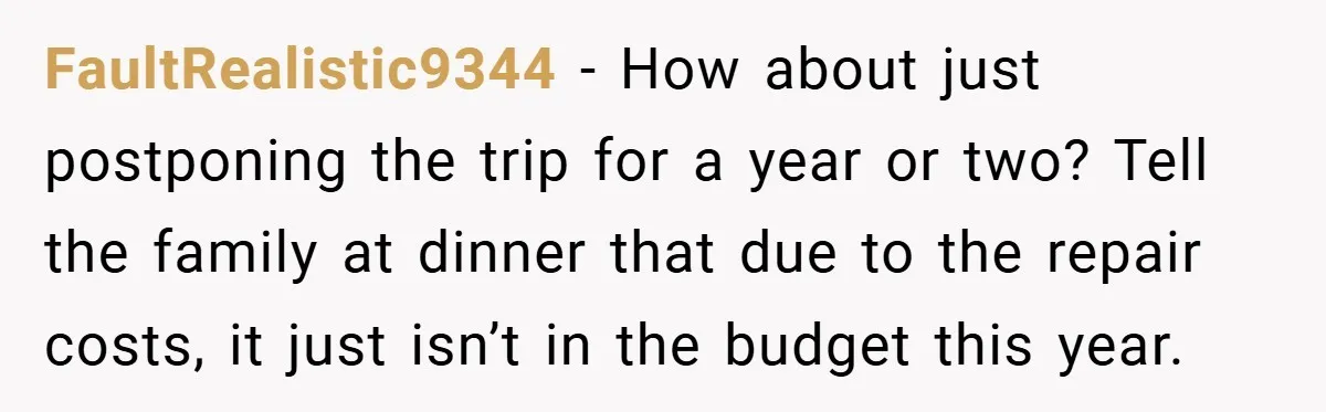 Man Cancels Family Vacation After Brother-in-Law Destroys His Home - Wife Says He’s ‘Punishing the Kids FaultRealistic9344 − How about just postponing the trip for a year or two? Tell the family at dinner that due to the repair costs, it just isn’t in the budget...