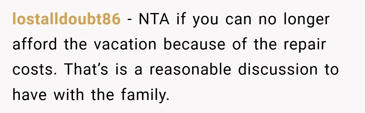 Man Cancels Family Vacation After Brother-in-Law Destroys His Home - Wife Says He’s ‘Punishing the Kids lostalldoubt86 − NTA if you can no longer afford the vacation because of the repair costs. That’s is a reasonable discussion to have with the family.