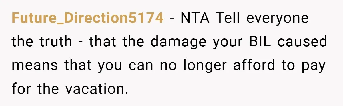 Man Cancels Family Vacation After Brother-in-Law Destroys His Home - Wife Says He’s ‘Punishing the Kids Future_Direction5174 − NTA Tell everyone the truth - that the damage your BIL caused means that you can no longer afford to pay for the vacation.