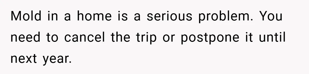Man Cancels Family Vacation After Brother-in-Law Destroys His Home - Wife Says He’s ‘Punishing the Kids Mold in a home is a serious problem. You need to cancel the trip or postpone it until next year.
