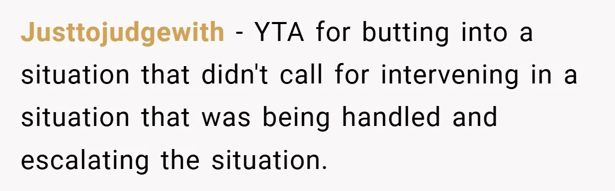 Justtojudgewith − YTA for butting into a situation that didn't call for intervening in a situation that was being handled and escalating the situation.
