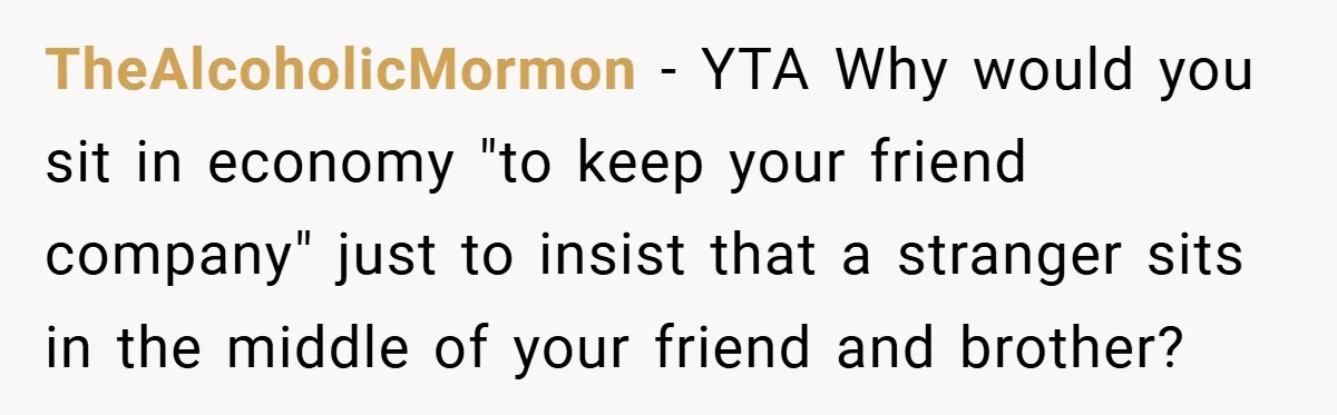 TheAlcoholicMormon − YTA Why would you sit in economy "to keep your friend company" just to insist that a stranger sits in the middle of your friend and brother?