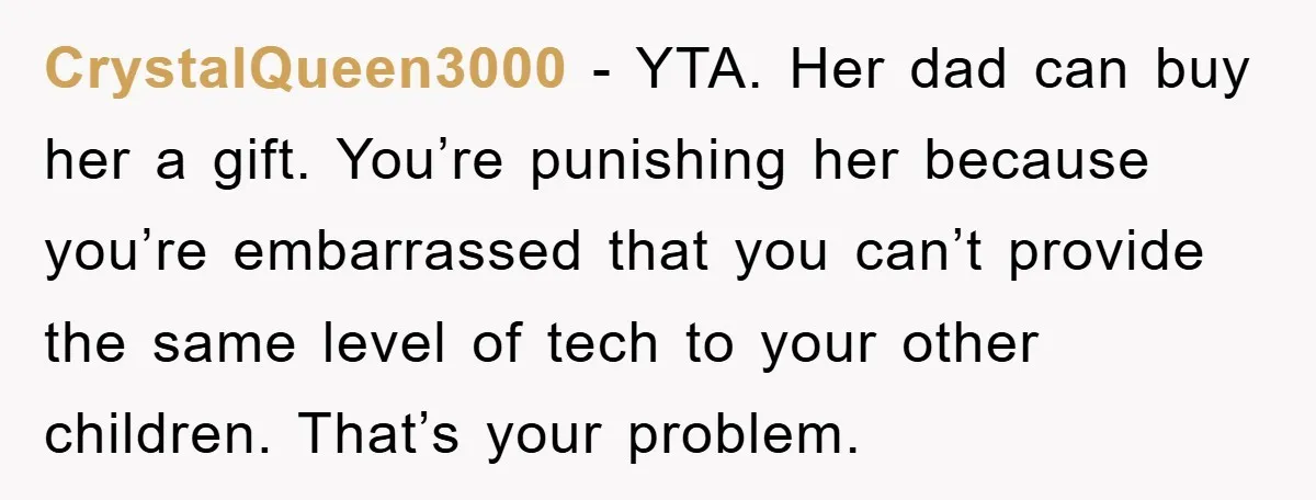 Mom Snatches Daughter’s New Phone, Reddit Thinks This Family Just Entered Petty War Territory CrystalQueen3000 − YTA. Her dad can buy her a gift. You’re punishing her because you’re embarrassed that you can’t provide the same level of tech to your other children. That’s...