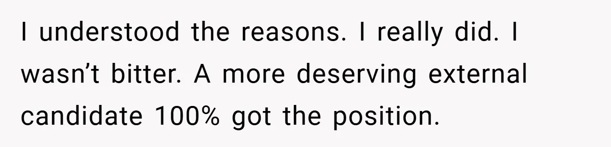 I understood the reasons. I really did. I wasn’t bitter. A more deserving external candidate 100% got the position.