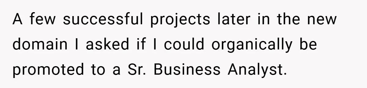 A few successful projects later in the new domain I asked if I could organically be promoted to a Sr. Business Analyst.