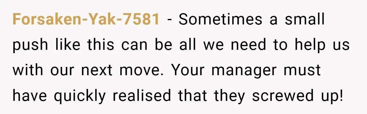 Forsaken-Yak-7581 − Sometimes a small push like this can be all we need to help us with our next move. Your manager must have quickly realised that they screwed up!