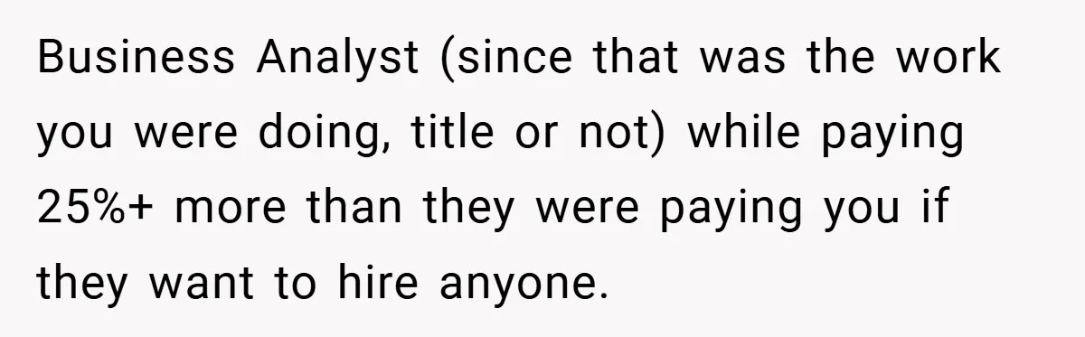 Business Analyst (since that was the work you were doing, title or not) while paying 25%+ more than they were paying you if they want to hire anyone.