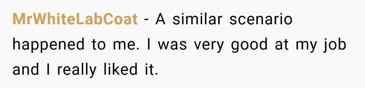 MrWhiteLabCoat − A similar scenario happened to me. I was very good at my job and I really liked it.